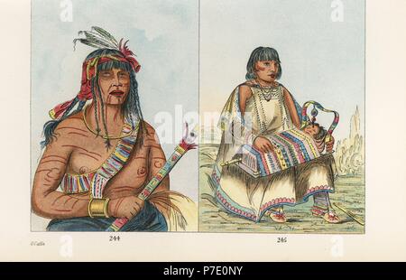 Chippewa warrior Ot-ta-wa, Otaway with his pipe 244 and Chippewa woman Ju-ah-kis-gaw with child in cradleboard 245. The baby's umbilical cord (ni-ahkust-ahg) hangs above its face for supernatural protection. Handcoloured lithograph from George Catlin's Manners, Customs and Condition of the North American Indians, London, 1841. Stock Photo