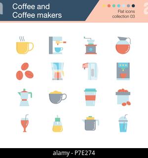 Coffee and Coffee makers icons. Flat design collection 3. For presentation, graphic design, mobile application, web design, infographics. Vector illus Stock Vector