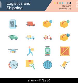 Logistics and Shipping icons. Flat design collection 5. For presentation, graphic design, mobile application, web design, infographics. Vector illustr Stock Vector