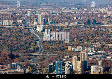 An aerial view of the Don Valley in Toronto, looking north from Eglington. Stock Photo