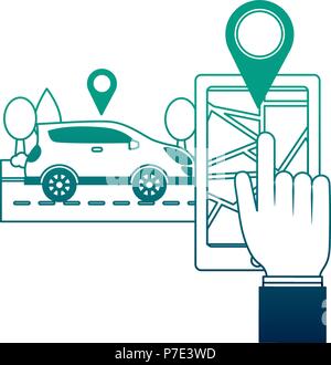 hand gps location on smartphone car app vector illustration neon design Stock Vector