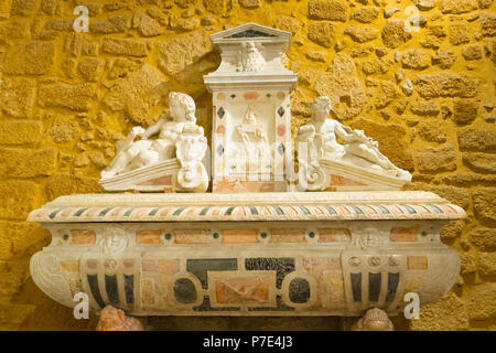Italy Sicily Agrigento old town Cathedral Duomo Cattedrale Museo Diocesano Church religion Christian Catholic built 12th century sarcophagus marble Stock Photo