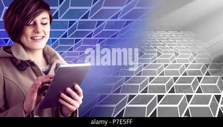 Woman using tablet with geometric transition Stock Photo