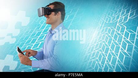 Man using tablet with geometric transition Stock Photo
