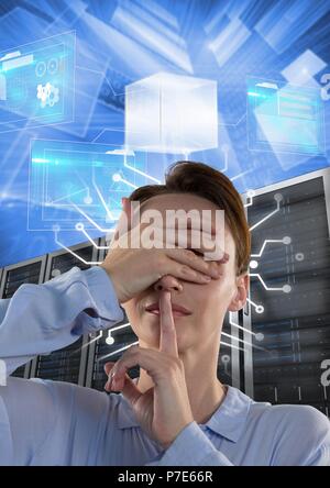 Woman with computer servers and technology information interface Stock Photo