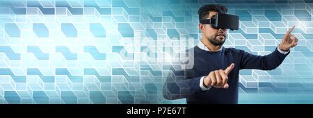 Man using virtual reality headset with geometric transitions Stock Photo