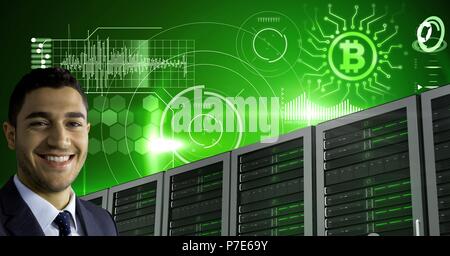 Man with computer servers and bitcoin technology information interface Stock Photo