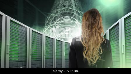 Woman with computer servers and technology information interface Stock Photo