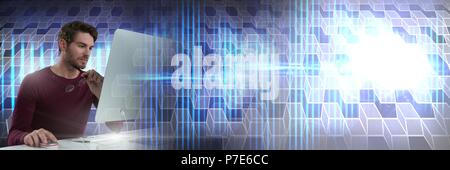 Man using computer with geometric transitions Stock Photo