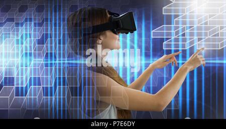 Man using virtual reality headset with geometric transition Stock Photo