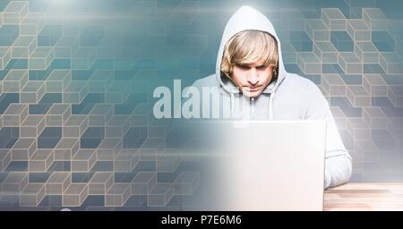 Man using computer with geometric transition Stock Photo