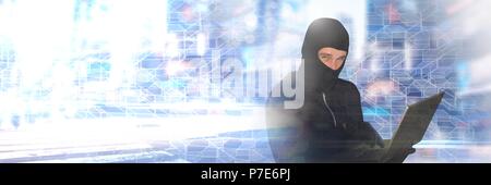 Hacker in balaclava on laptop with geometric transitions Stock Photo