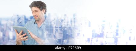 Man using tablet with geometric transitions Stock Photo