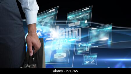 Man with computer servers and bitcoin technology information interface Stock Photo