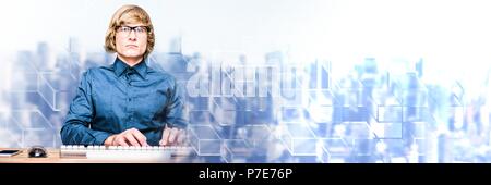 Man using computer with geometric transitions Stock Photo