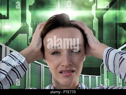 Woman with computer servers and technology information interface Stock Photo