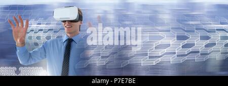 Man using virtual reality headset with geometric transitions Stock Photo