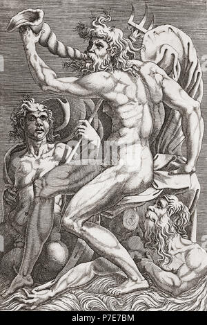 Neptune.  After a 16th century engraving.  Neptune was the Roman god of the sea, and also of horses. Stock Photo