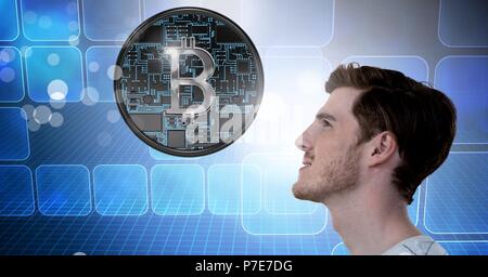Man with computer servers and bitcoin technology information interface Stock Photo