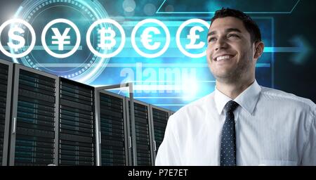 Man with computer servers and bitcoin technology information interface Stock Photo