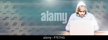 Man using laptop with geometric transitions Stock Photo