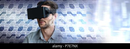 Man using virtual reality headset with geometric transitions Stock Photo