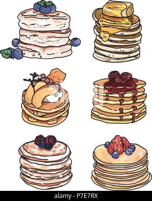 Set of pancakes with different toppings on white background. Stock Vector