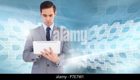 Man using tablet with geometric transition Stock Photo