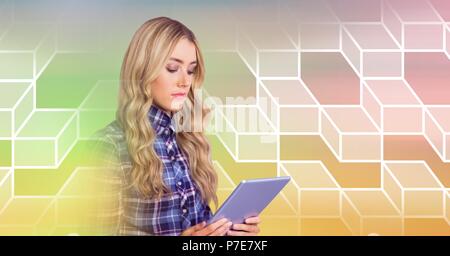Woman using tablet with geometric transition Stock Photo