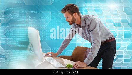 Man using computer with geometric code transition Stock Photo