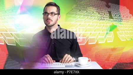 Man using computer with colorful geometric transition Stock Photo
