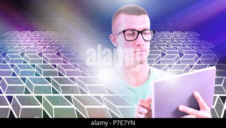 Man using tablet with geometric transition Stock Photo
