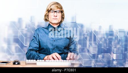 Man using computer with geometric transition Stock Photo
