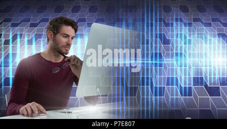 Man using computer with geometric transition Stock Photo