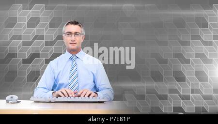 Man using computer with geometric transition Stock Photo
