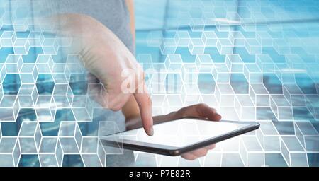 Woman using tablet with geometric transition Stock Photo