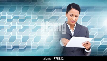 Woman using tablet with geometric transition Stock Photo