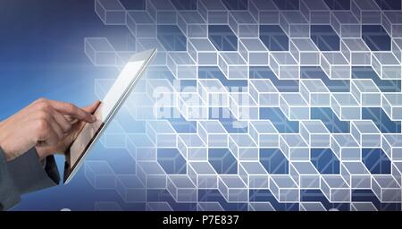 Hand using tablet with geometric transition Stock Photo