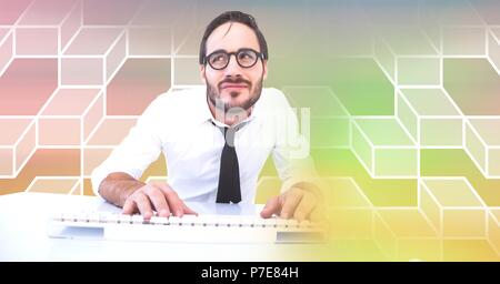 Man using computer with geometric transition Stock Photo