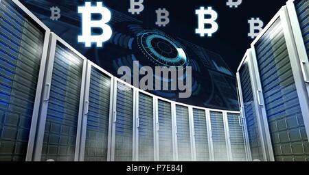 Computer servers and bitcoin technology information interface Stock Photo