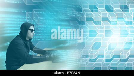 Man using laptop with geometric code transition Stock Photo