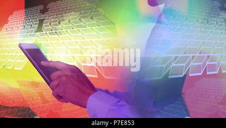 Hand using tablet with geometric transition Stock Photo