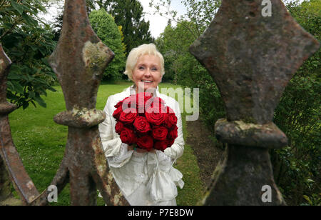 Happy Bride with red roses photographed through the old castle fence Stock Photo