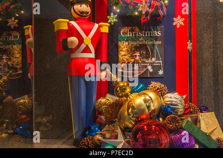 Christmas scene with toy soldier at Butchart Gardens in Victoria, British Columbia, Canada. Stock Photo