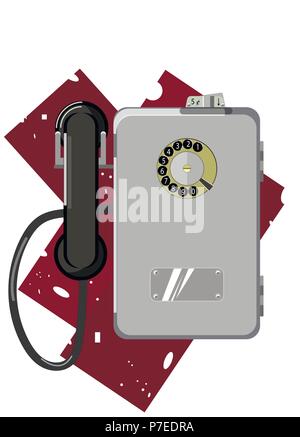 old public payphone gray with a black handle on a claret background Stock Vector