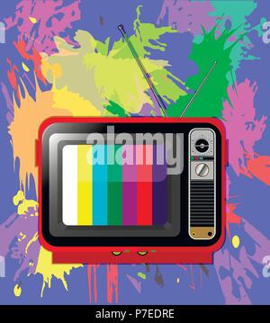 old color TV with antenna with multi-colored background of blots Stock Vector