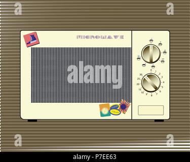 homemade old microwave oven with stickers on a brown background Stock Vector