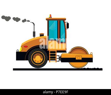 a yellow road roller is laying asphalt on a new highway Stock Vector