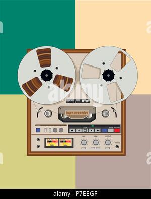 old bobbin tape recorder with reels on a multicolored background Stock Vector