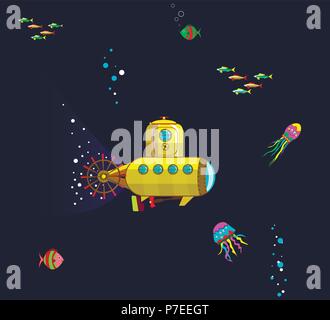 patterns bathyscaphe floating in the ocean at depths under the water Stock Vector